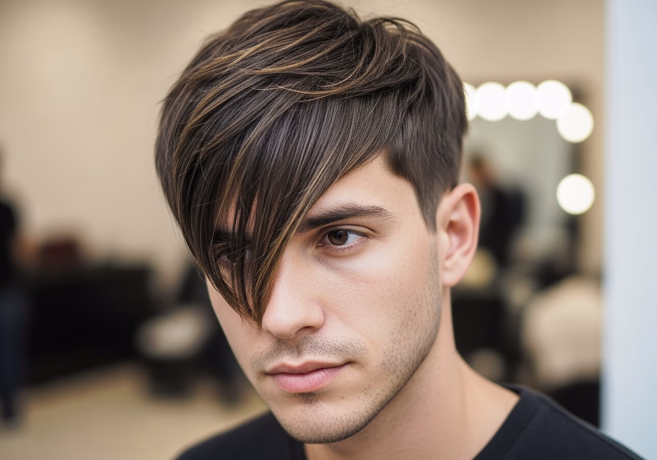 Angular Fringe Medium haircut for men 2026 - sharp angled fringe style