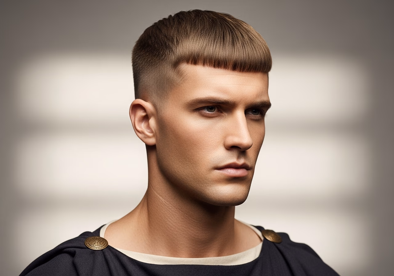 Caesar Cut hairstyle for men 2026 - straight fringe Roman style