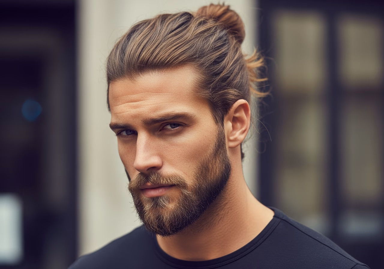 Classic Man Bun hairstyle for men 2026 - clean masculine long hair bun