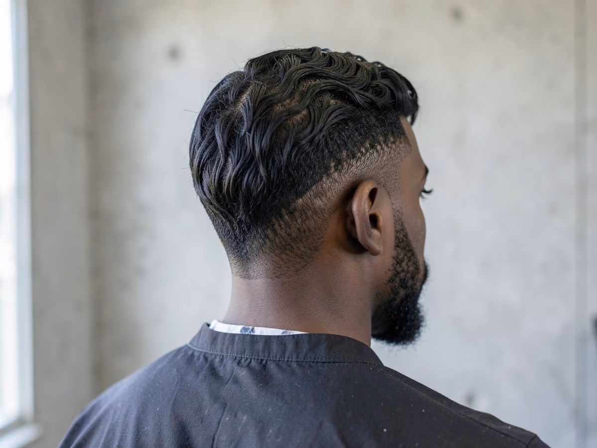 Man with a wolfing waves with line up haircut