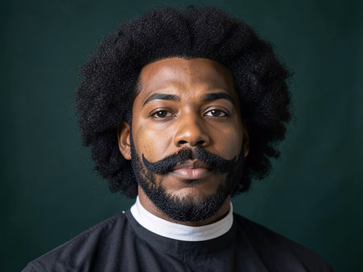 Man with an afro with chevron mustache haircut
