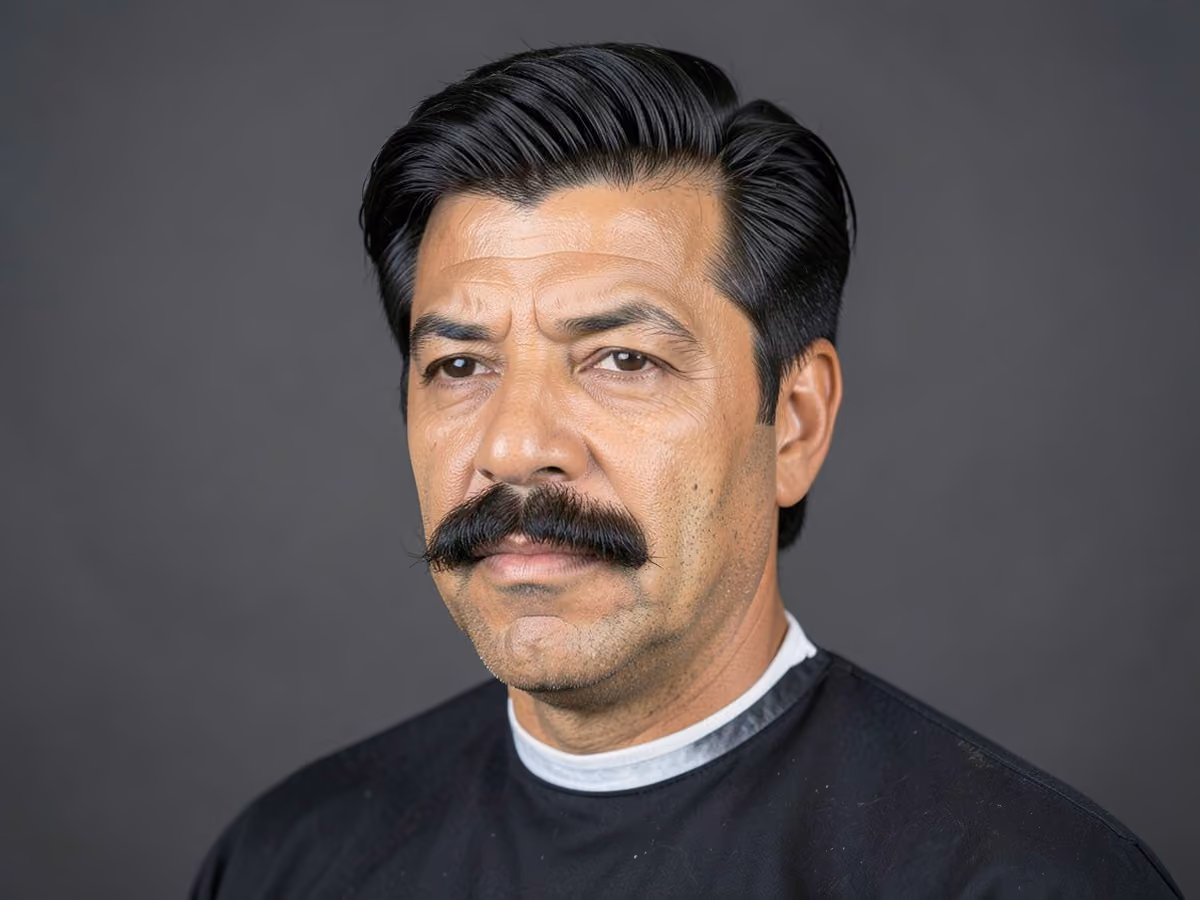 Man with a feathered hair with mustache
