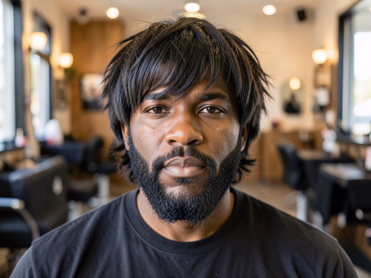 Man with a shag with long sideburns haircut