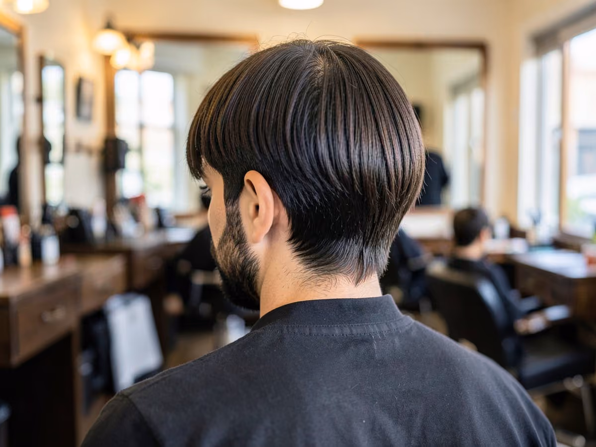 Man with a chin length center part