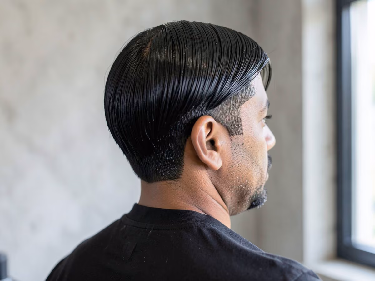 Man with a gelled curtains haircut