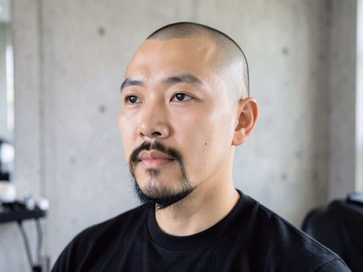 Man with a shaved head with goatee haircut
