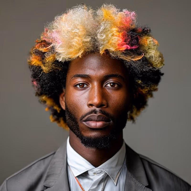 Colored Afro hairstyle for men 2026 — Afro variation, best for Bold colour statements, modern barbering by Master Stylist Jessica Hamilton