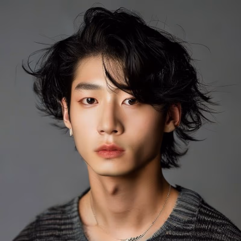 Korean Mullet hairstyle for men 2026 — Asian Men Haircuts variation, best for Bold, edgy, K-pop flair, modern barbering by Master Stylist Jessica Hamilton