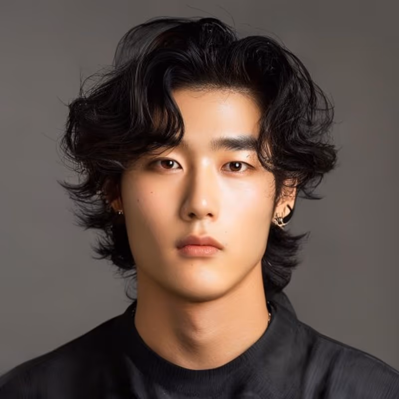 Wavy Perm hairstyle for men 2026 — Asian Men Haircuts variation, best for Loose, bouncy K-pop volume, modern barbering by Master Stylist Jessica Hamilton