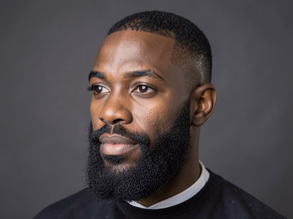 Man with a bald black man with beard haircut