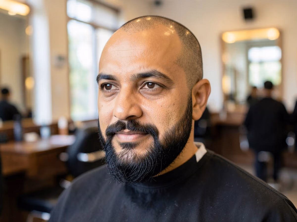 Man with a bald round face with beard haircut