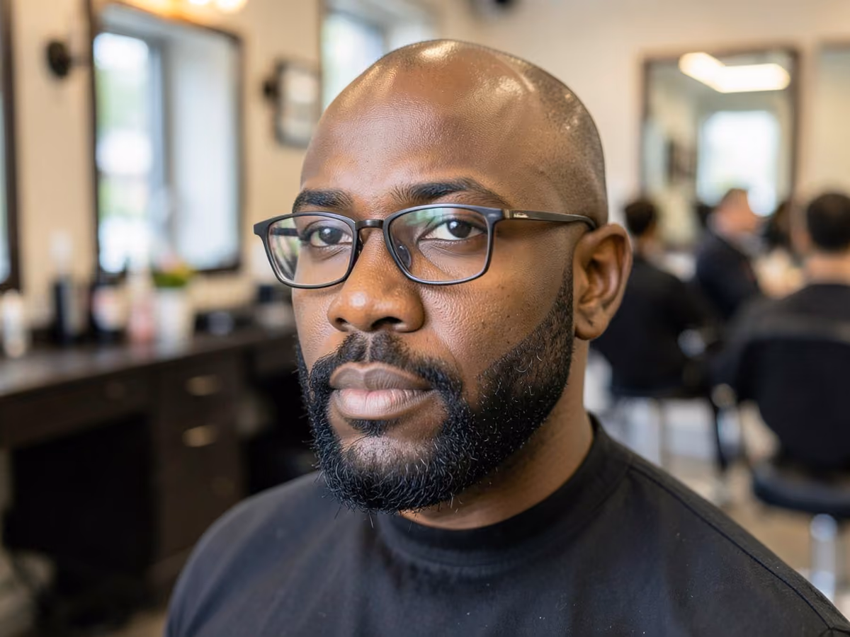 Man with a bald with beard and glasses haircut