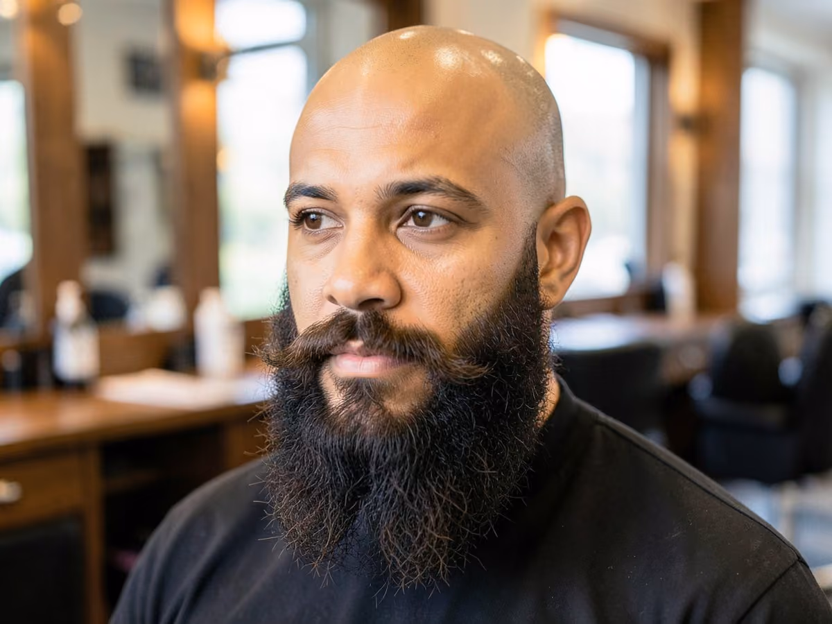 Man with a bald with bushy beard haircut