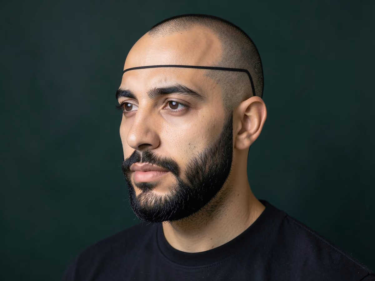 Man with a bald with chin strap haircut