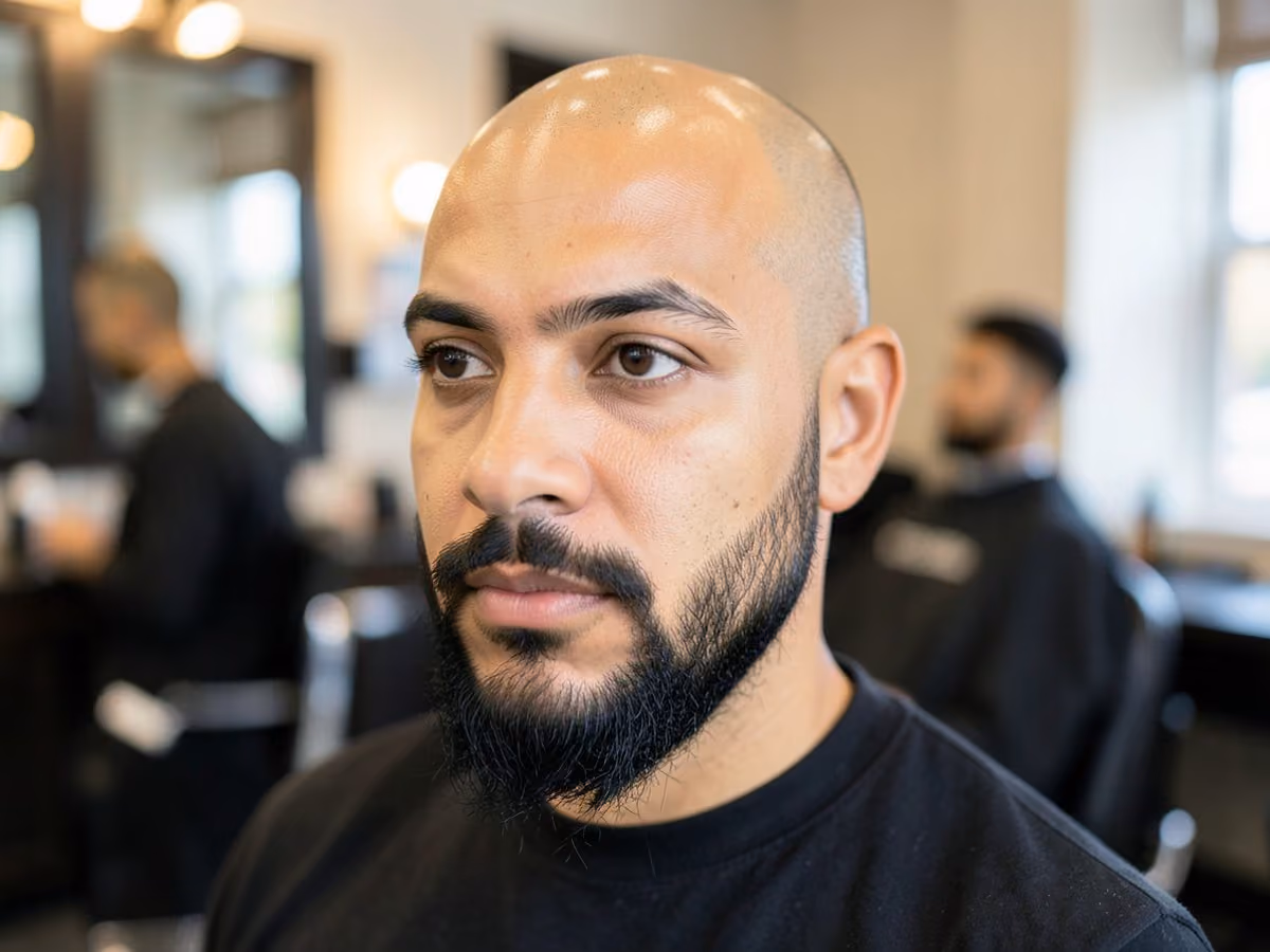 Man with a bald with ducktail beard haircut