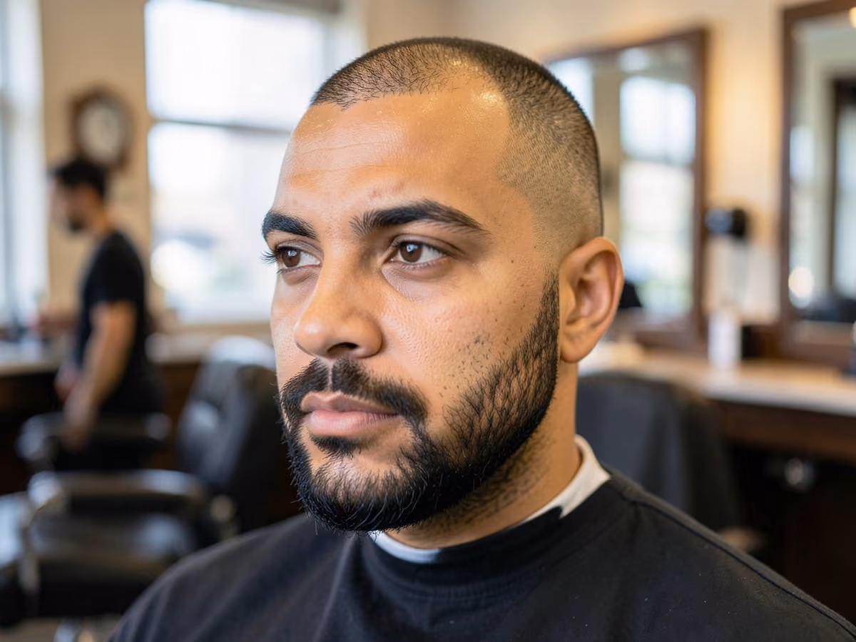 Man with a bald with heavy stubble haircut