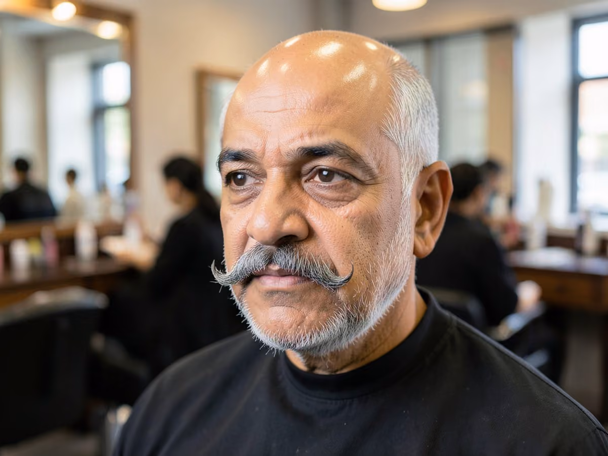 Man with a bald with horseshoe mustache haircut