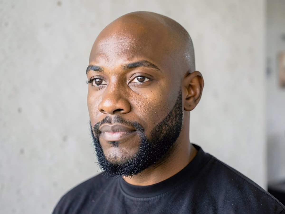 Man with a bald with short boxed beard haircut