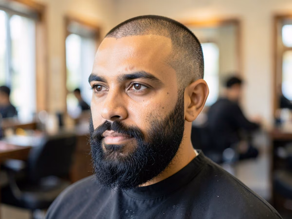 Man with a receding hairline buzz with beard