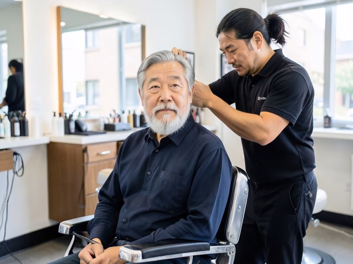 Barber cutting a client's hair in a busy barbershop