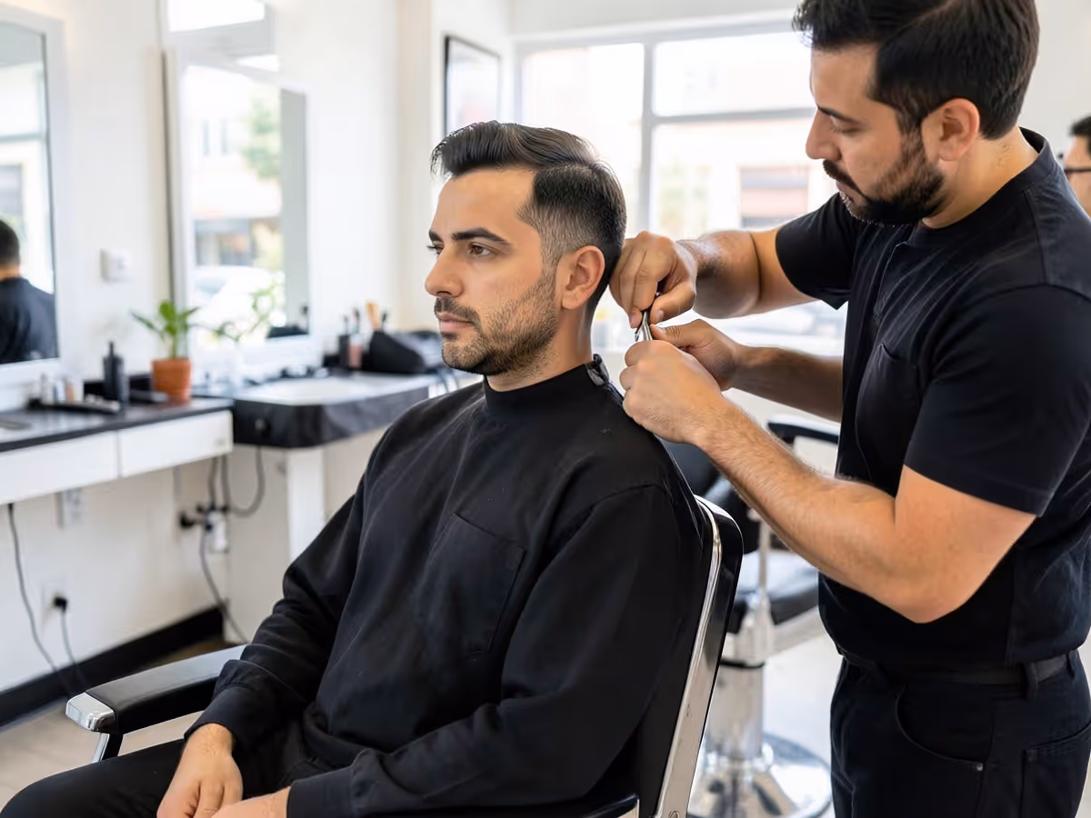 Barber cutting a man's hair with scissors in a bright salon