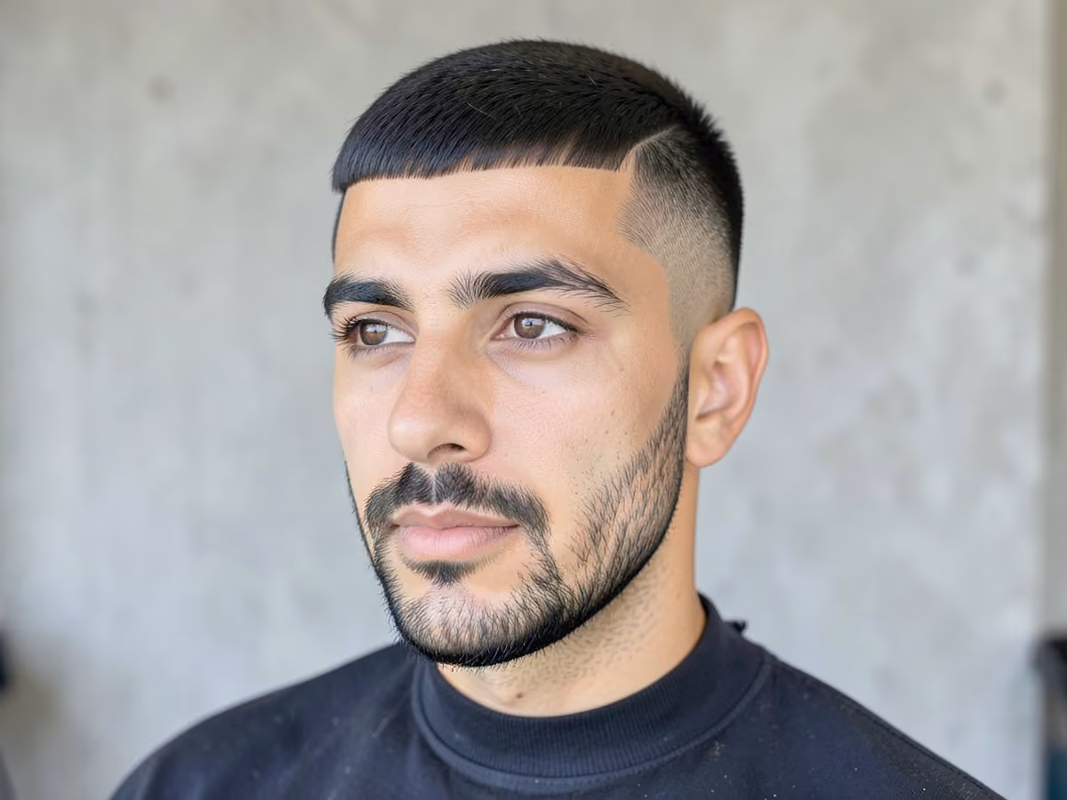 Man with a baseball caesar with chin strap haircut