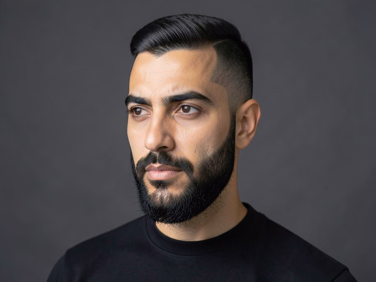 Man with a baseball taper with boxed beard haircut