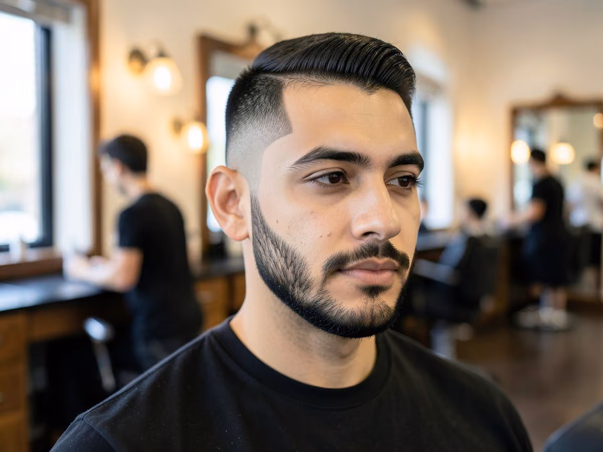 Man with a beard fade with curved cheek line