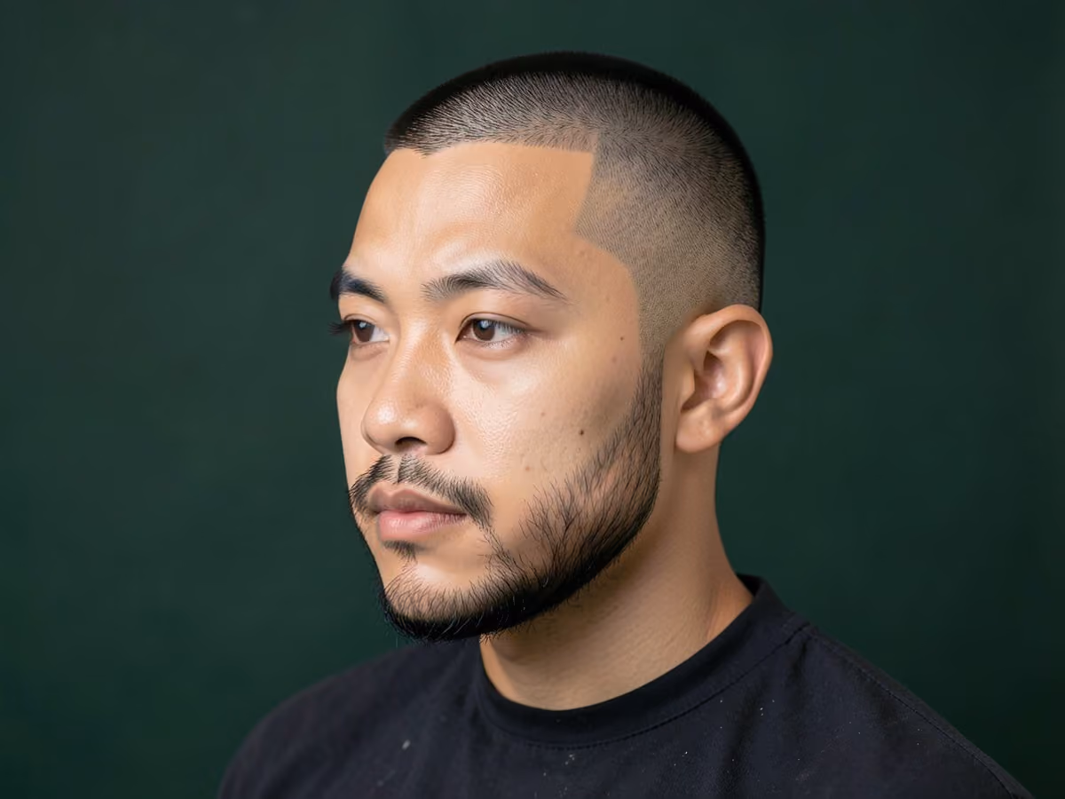 Man with a buzz cut with beard fade