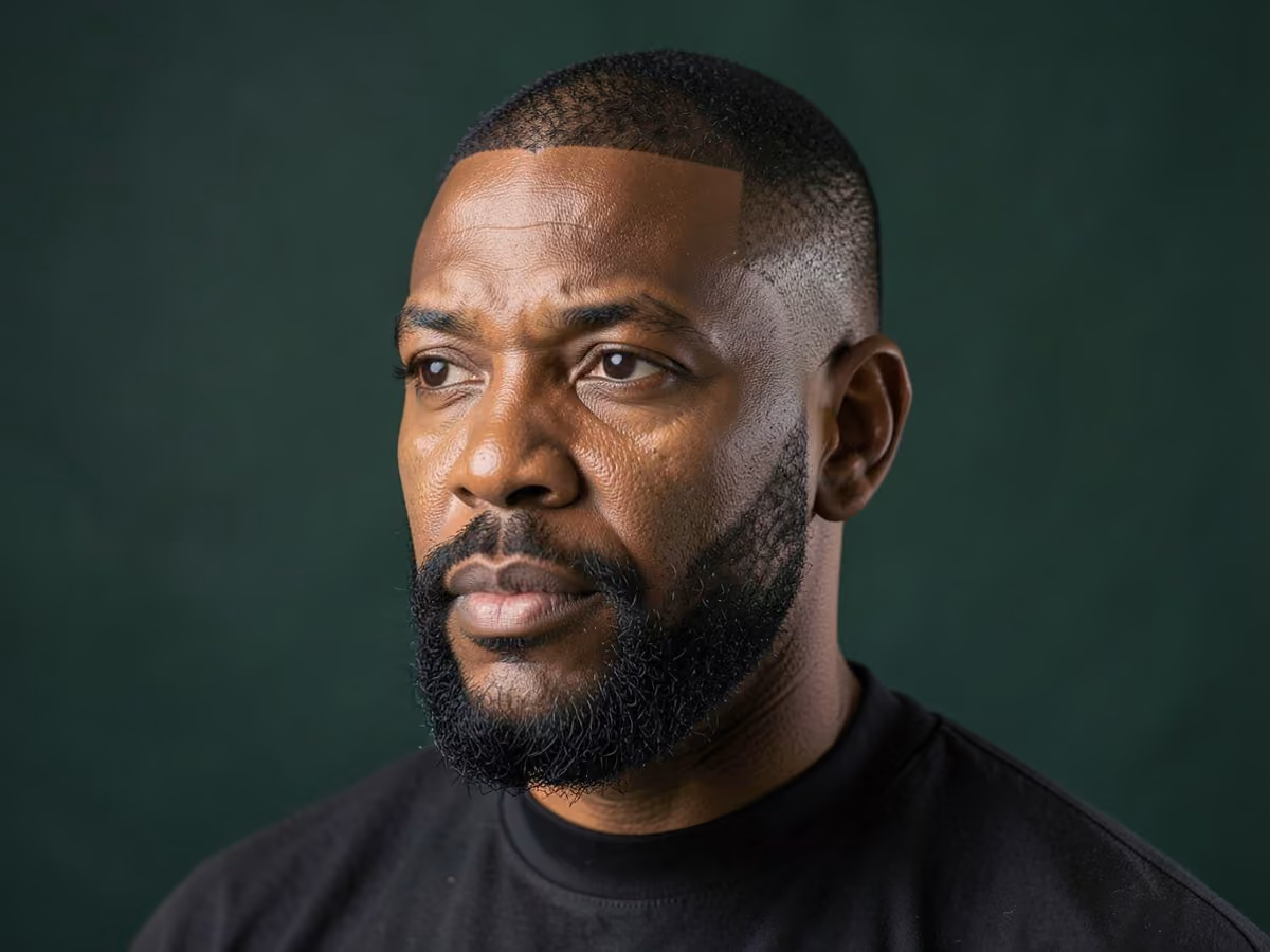 Man with a crew cut with beard fade