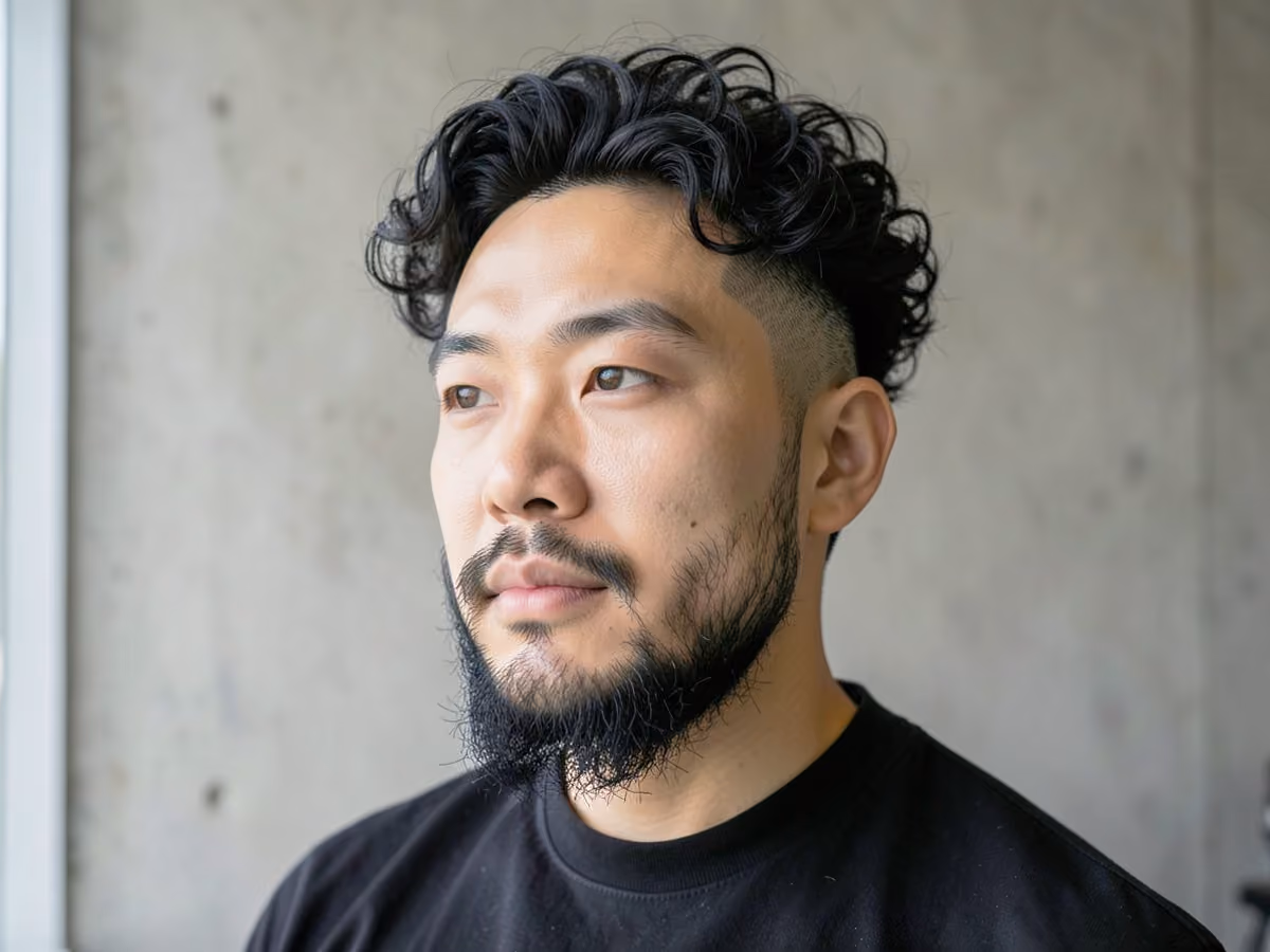 Man with a curly top with beard fade