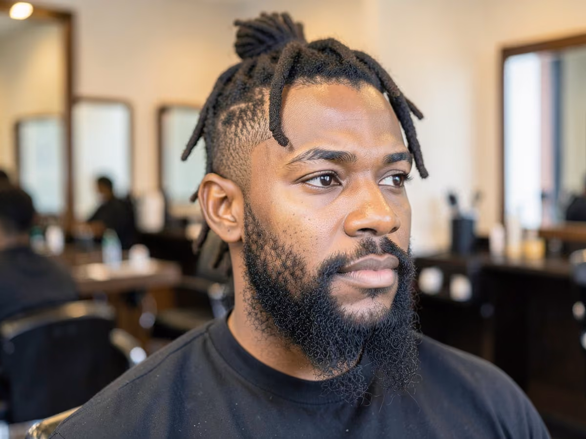 Man with a faded beard with locs