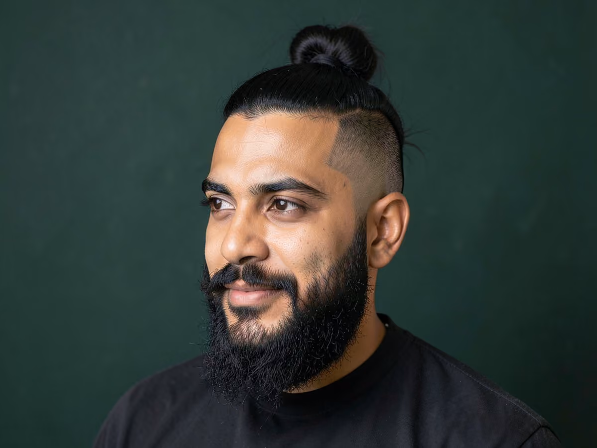 Man with a man bun with beard fade