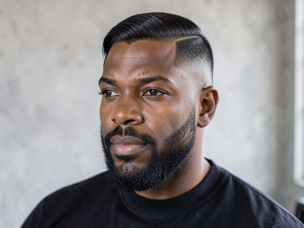 Man with a side part with beard fade