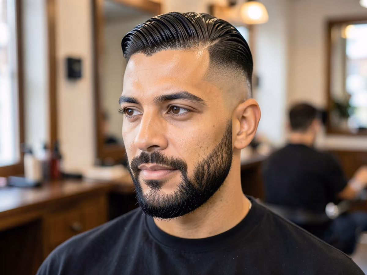 Man with a slick back with beard fade