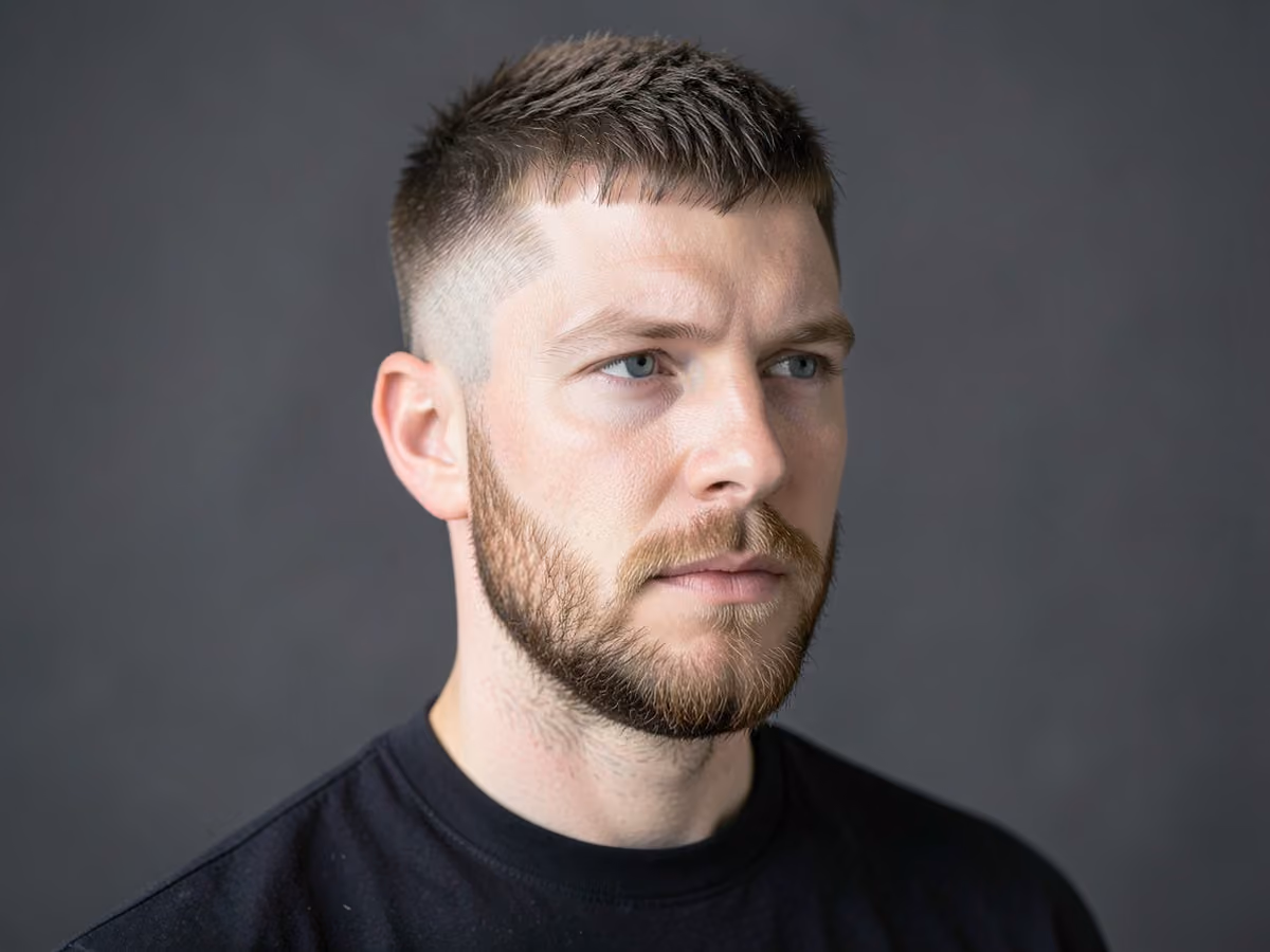 Man with a textured crop with beard fade