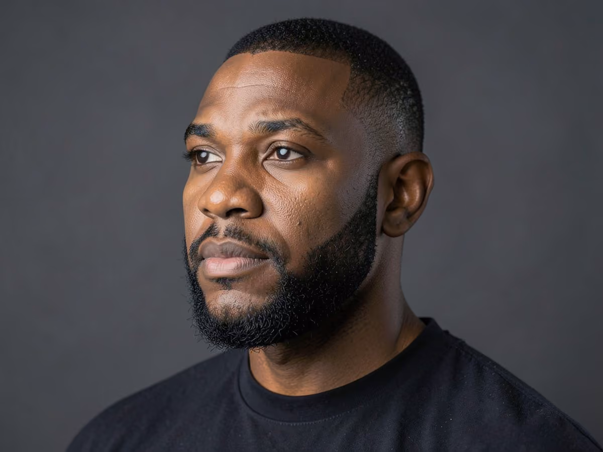 Man with a beard with sharp neckline haircut