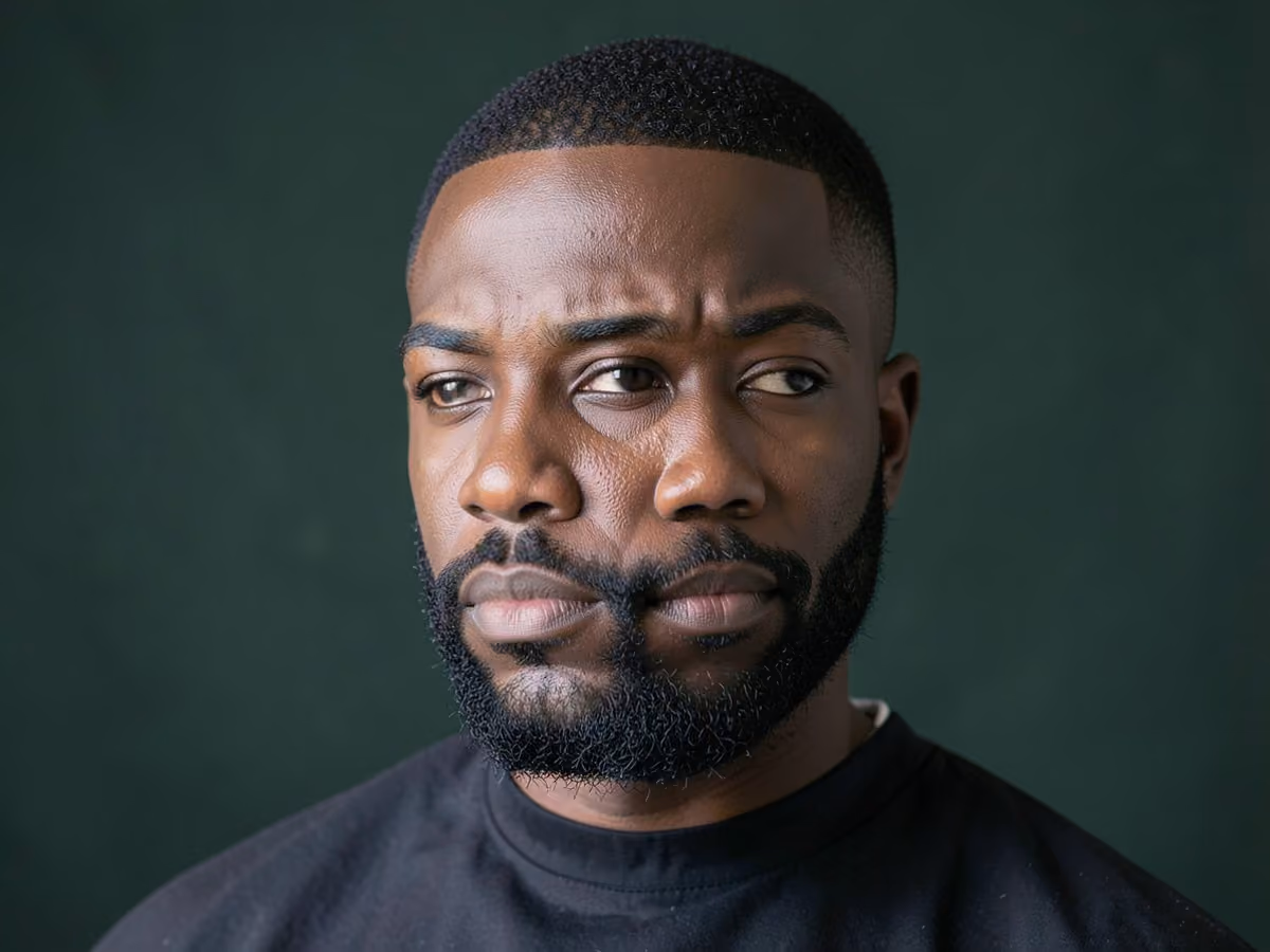 Man with a caesar cut with boxed beard