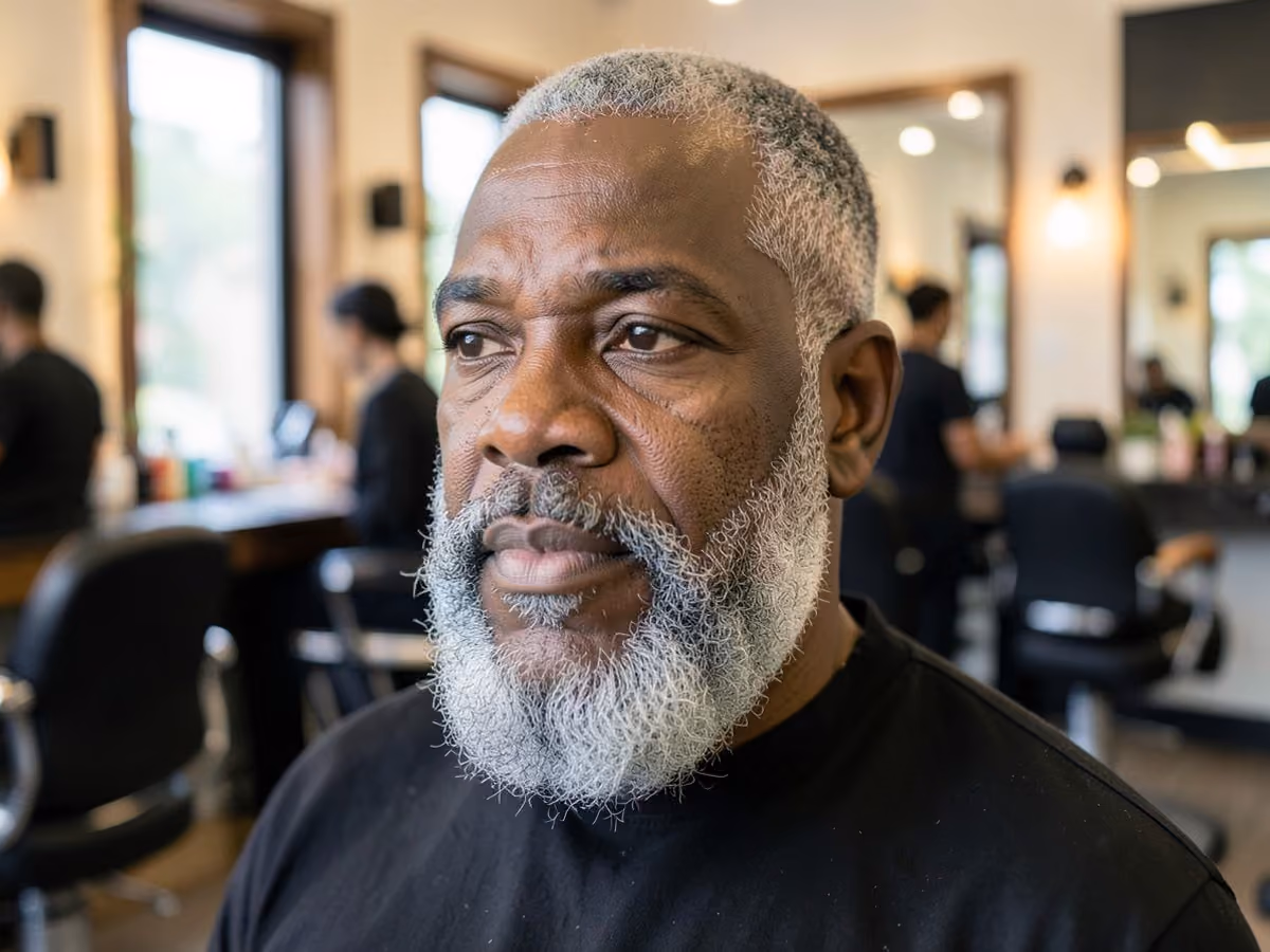Man with a rounded coily beard haircut