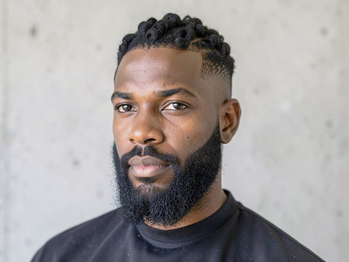 Man with a sponge curls with full beard haircut
