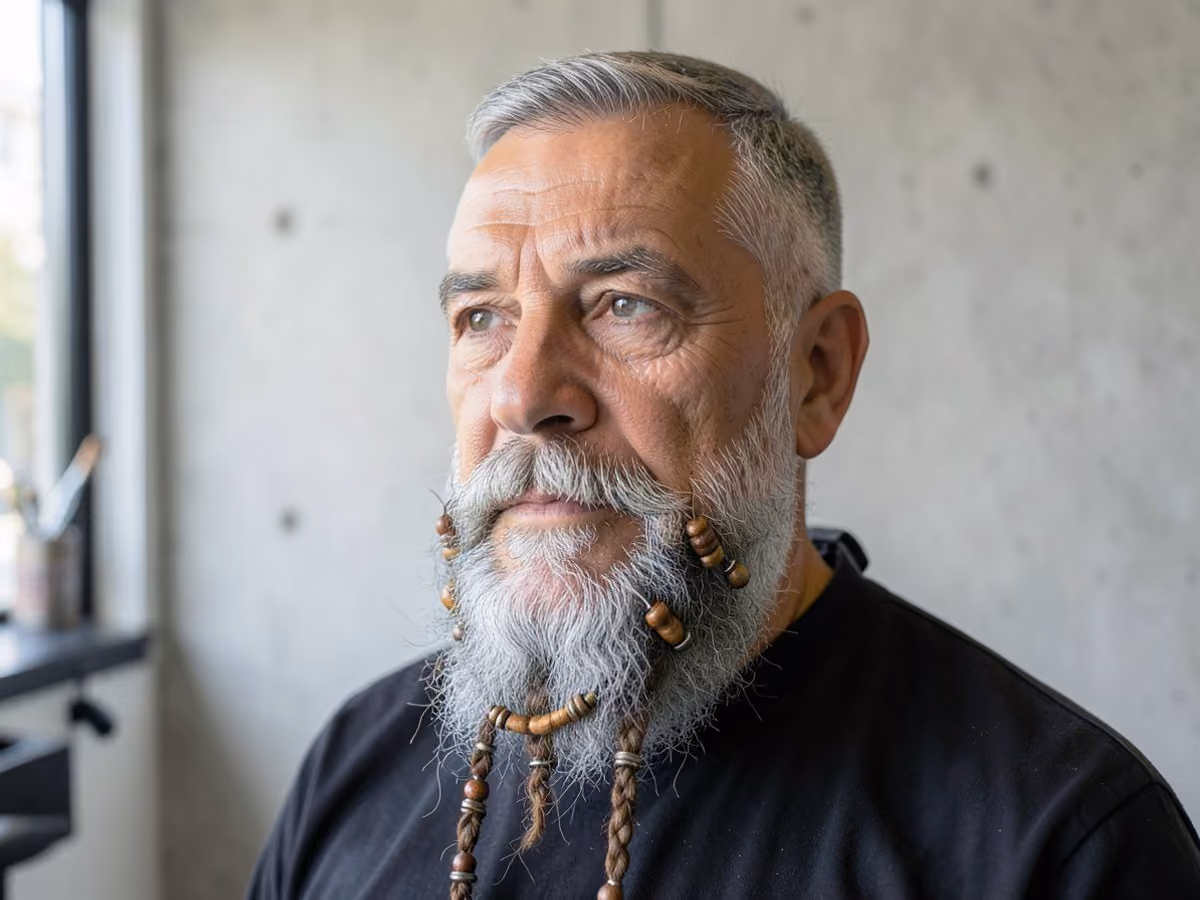 Man with a beard with beads haircut