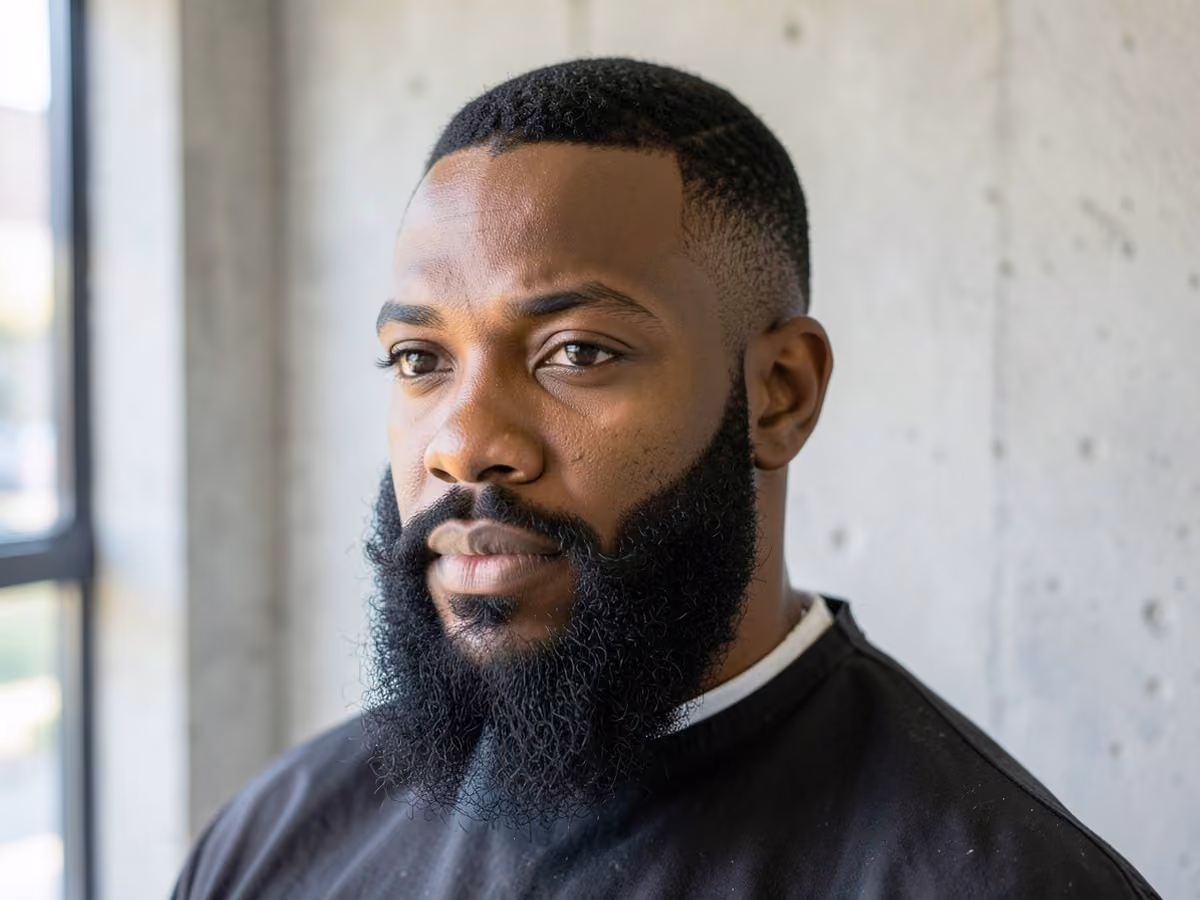 Man with a coily beard with line up haircut