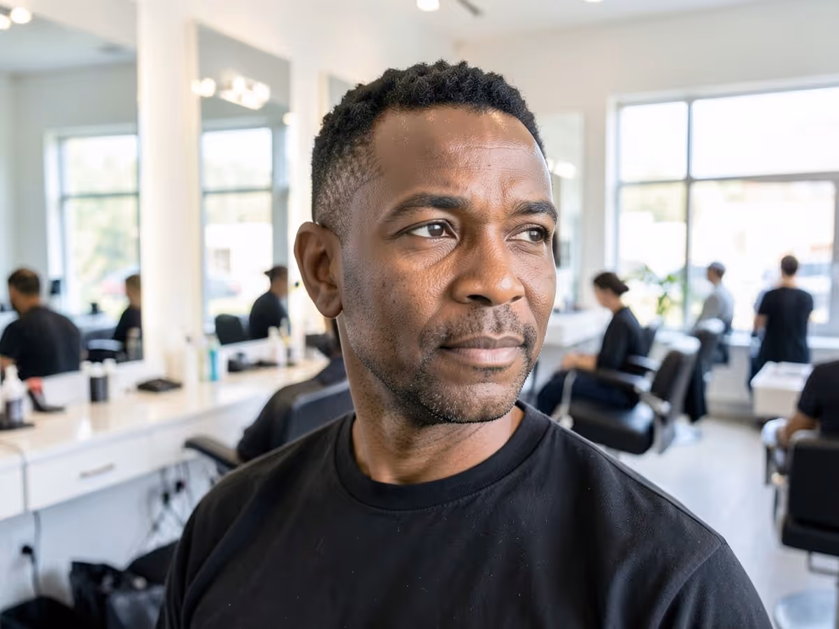 Man with a short cropped haircut seated in a bright barbershop