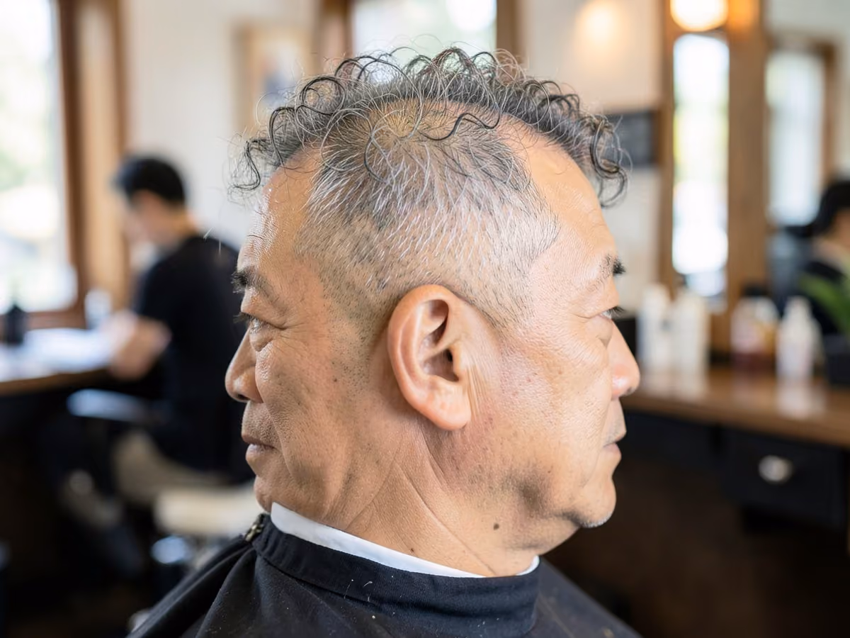 Man with a balding cut for curly hair