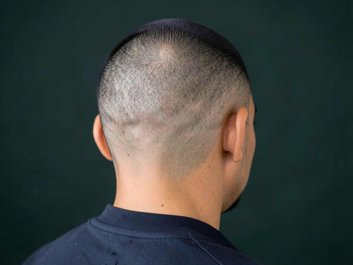 Man with a faded buzz for receding hairline