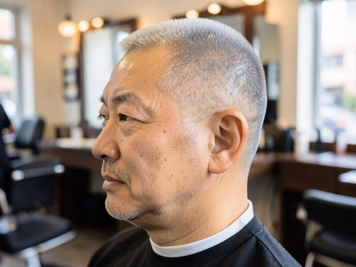 Man with a gray buzz cut for balding