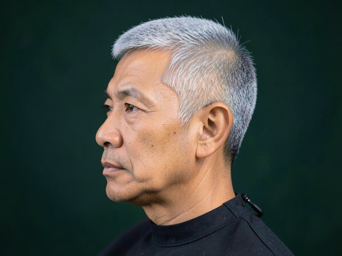 Man with a gray short comb forward haircut