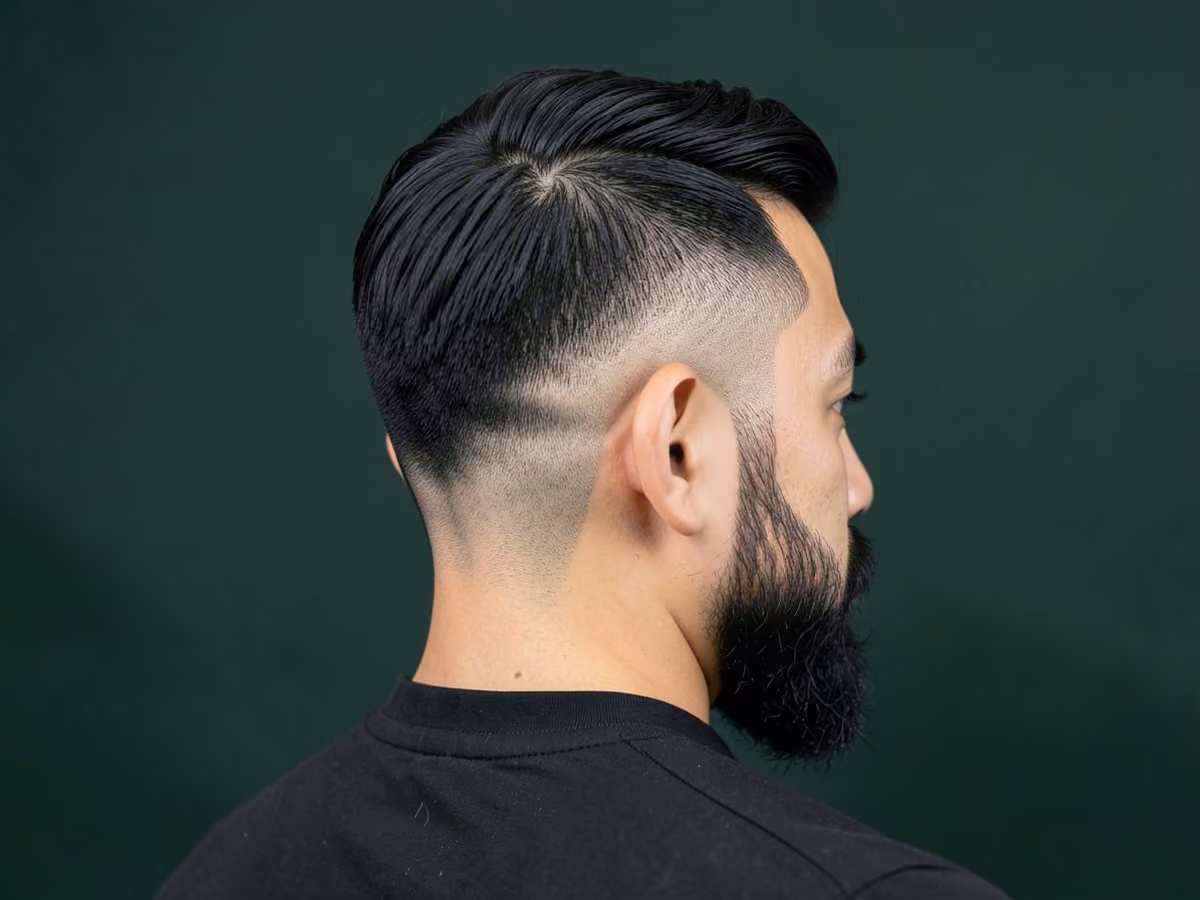 Man with an ivy league for balding temples haircut