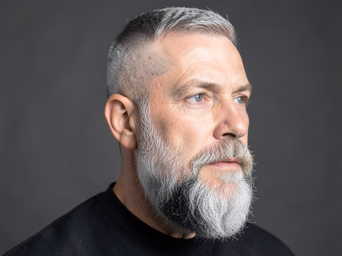 Man with a shaved head with gray beard haircut