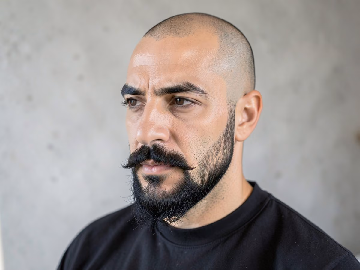 Man with a shaved head with van dyke haircut